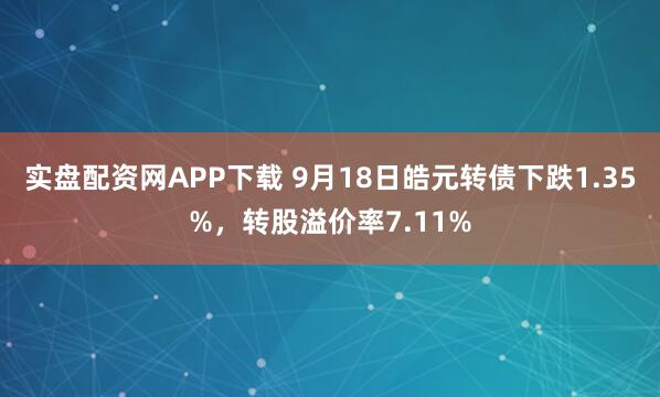 实盘配资网APP下载 9月18日皓元转债下跌1.35%，转股溢价率7.11%